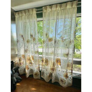 Vintage 1970s cream curtain, large brown, orange flowers, pleated, price for 1